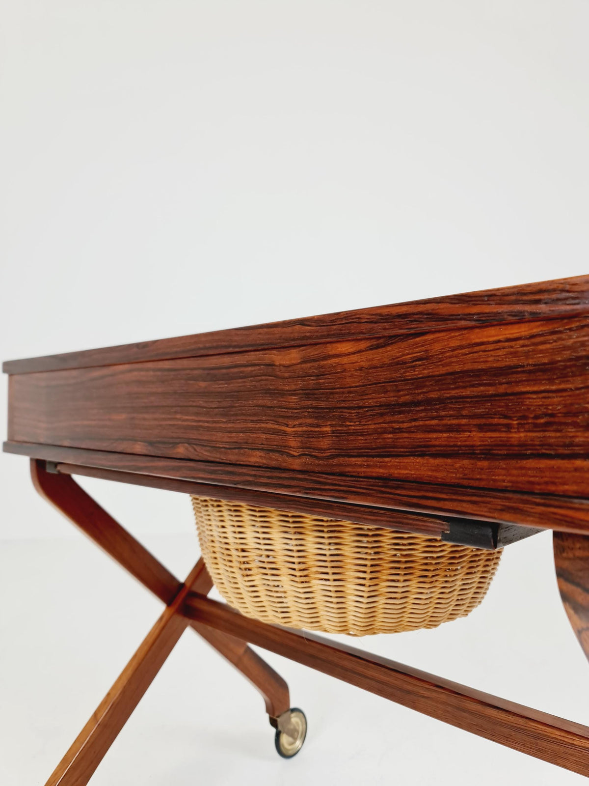 Rare Vintage Danish Rosewood and rattan sewing table/ side table cabinet , 1960s