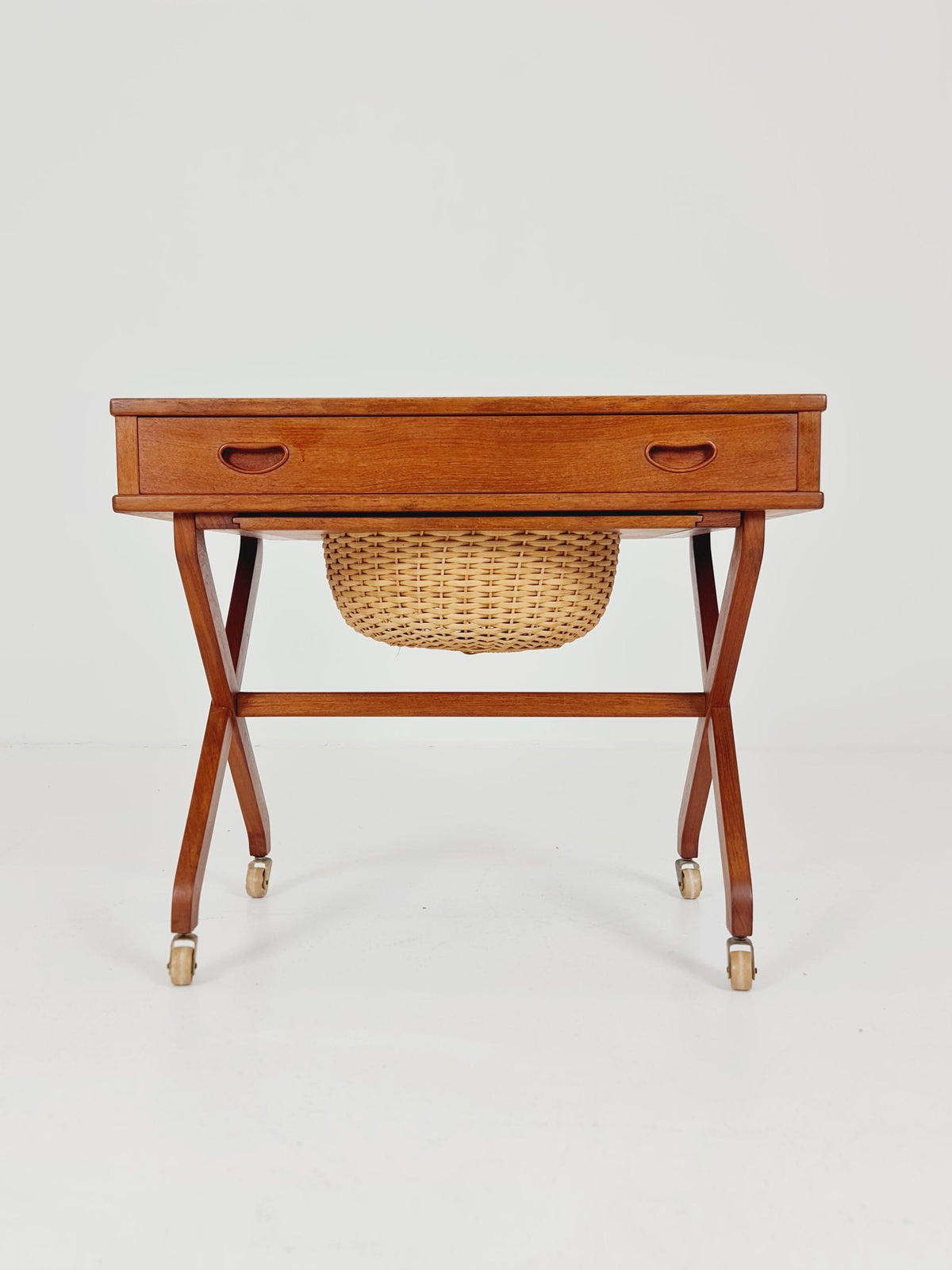 Rare Vintage Danish Teak and rattan sewing table/ side table cabinet , 1960s