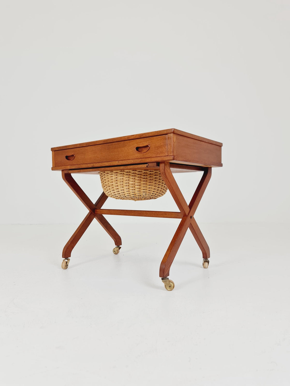 Rare Vintage Danish Teak and rattan sewing table/ side table cabinet , 1960s