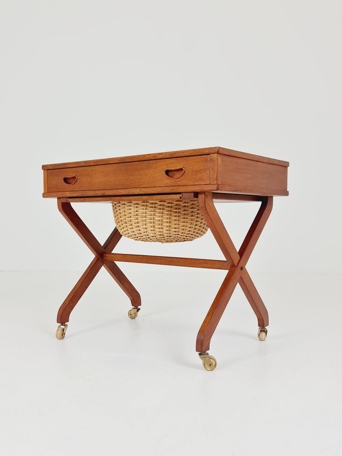 Rare Vintage Danish Teak and rattan sewing table/ side table cabinet , 1960s