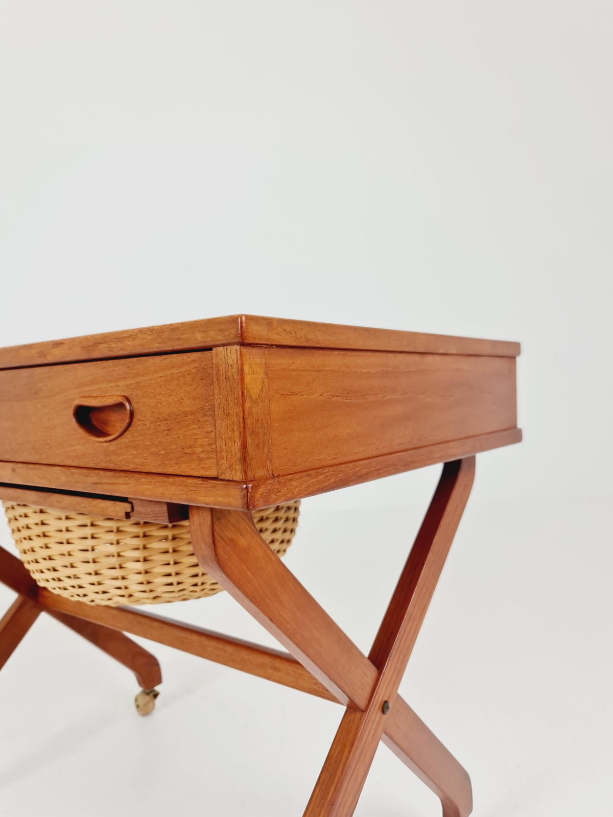 Rare Vintage Danish Teak and rattan sewing table/ side table cabinet , 1960s