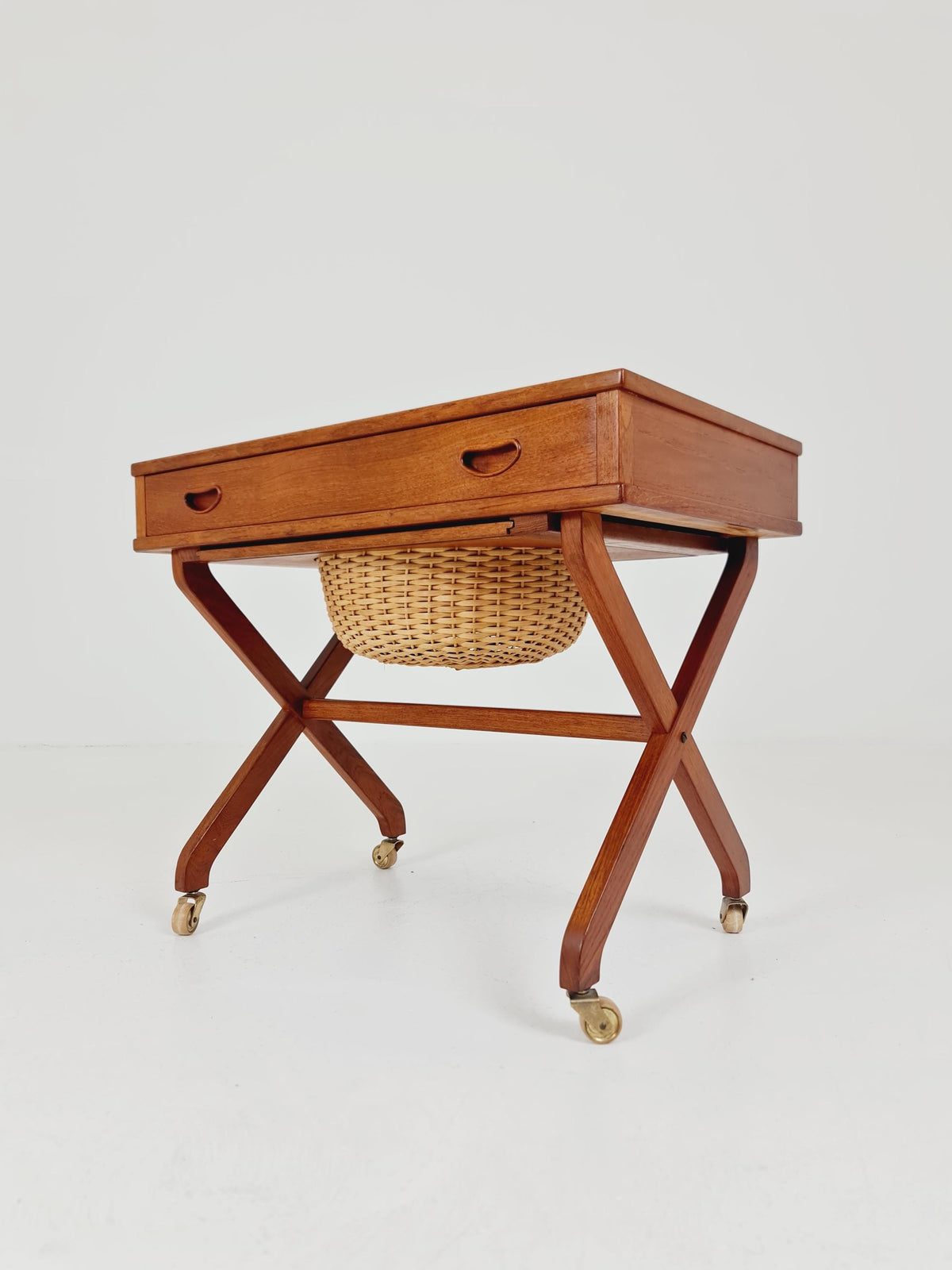Rare Vintage Danish Teak and rattan sewing table/ side table cabinet , 1960s