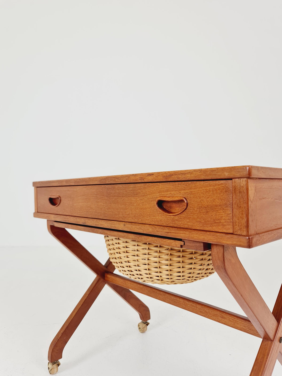 Rare Vintage Danish Teak and rattan sewing table/ side table cabinet , 1960s