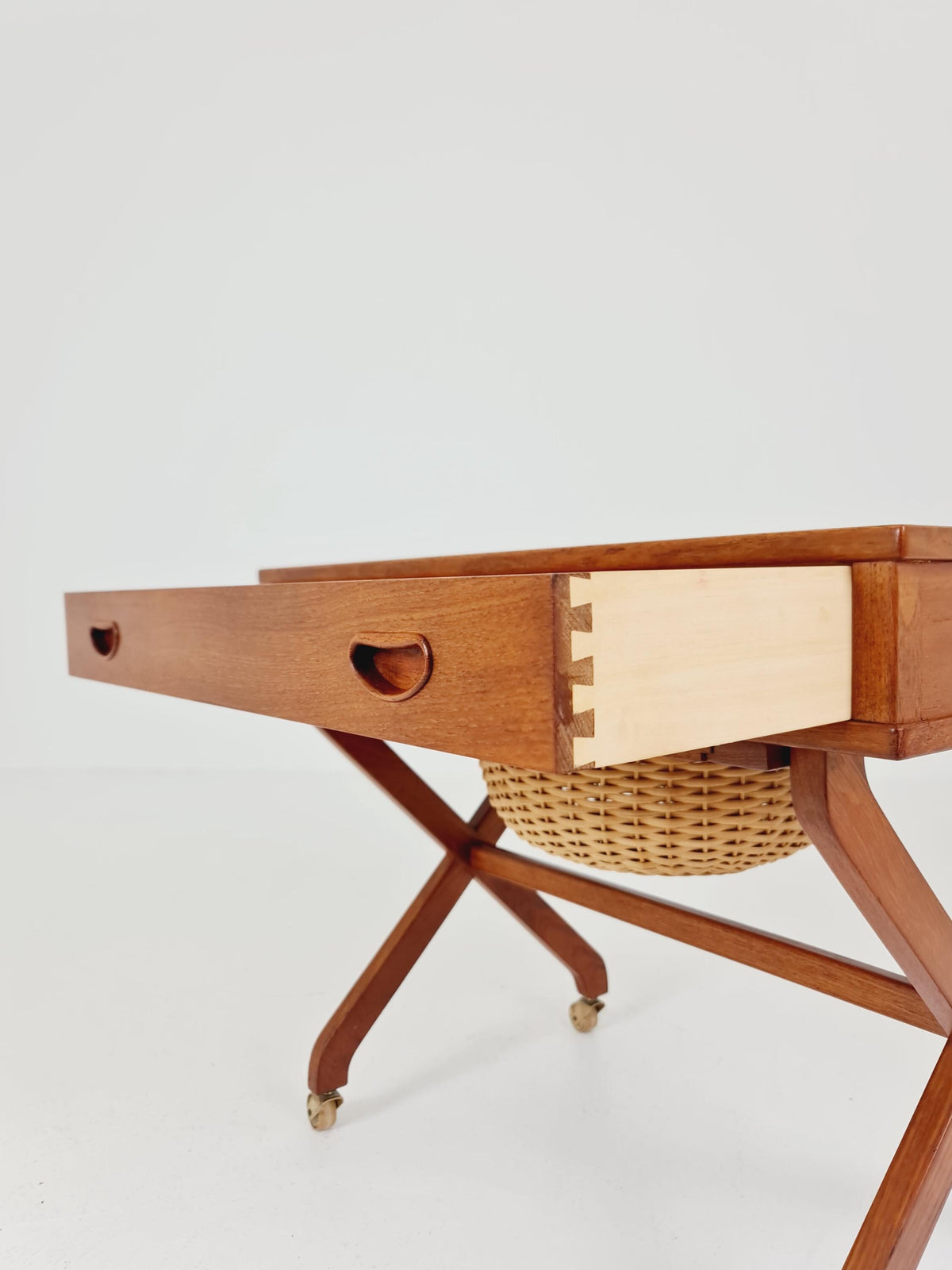 Rare Vintage Danish Teak and rattan sewing table/ side table cabinet , 1960s