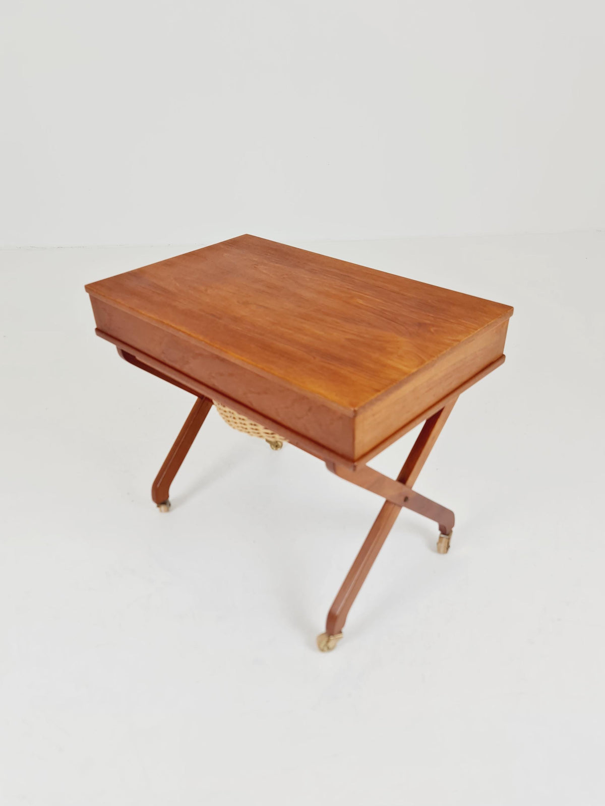 Rare Vintage Danish Teak and rattan sewing table/ side table cabinet , 1960s