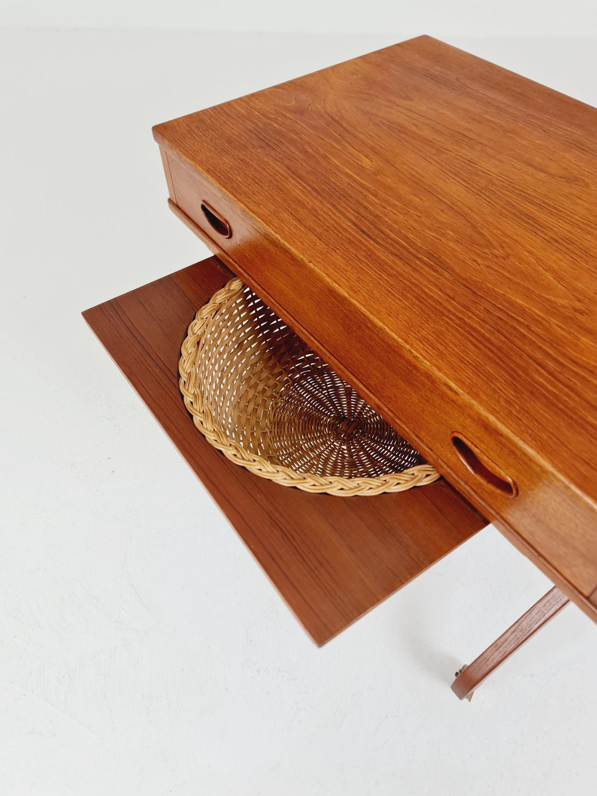 Rare Vintage Danish Teak and rattan sewing table/ side table cabinet , 1960s