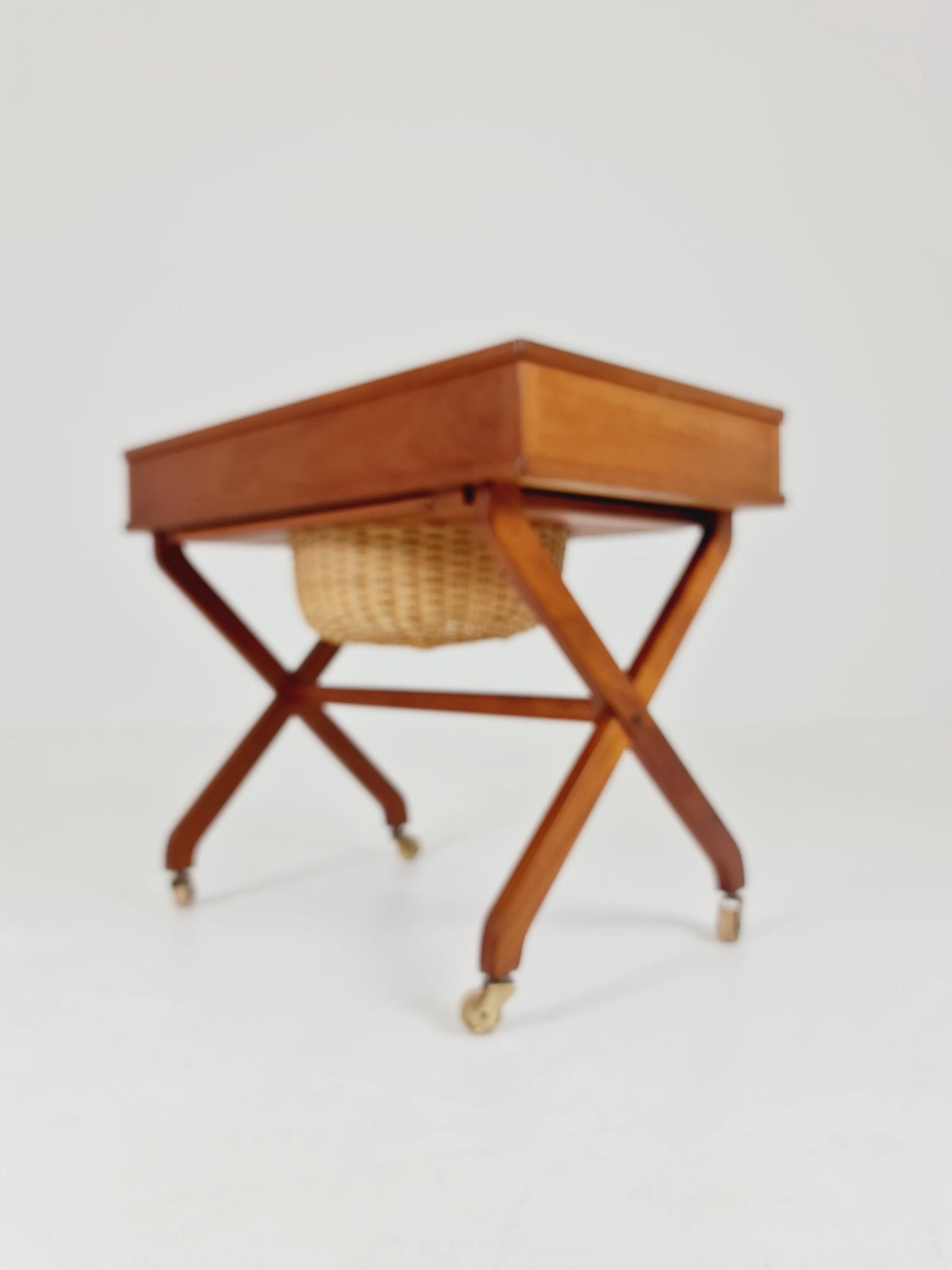 Rare Vintage Danish Teak and rattan sewing table/ side table cabinet , 1960s