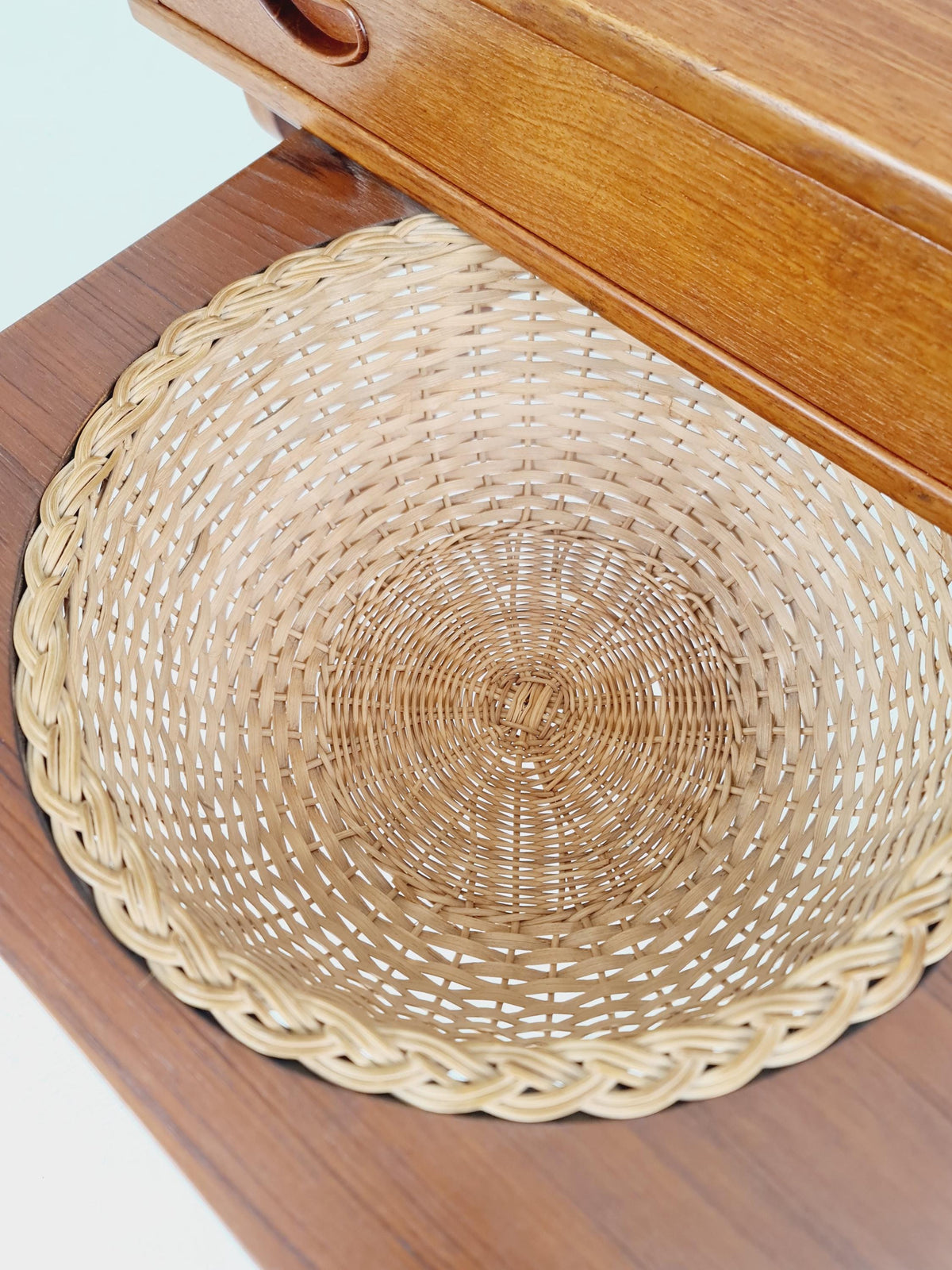Rare Vintage Danish Teak and rattan sewing table/ side table cabinet , 1960s