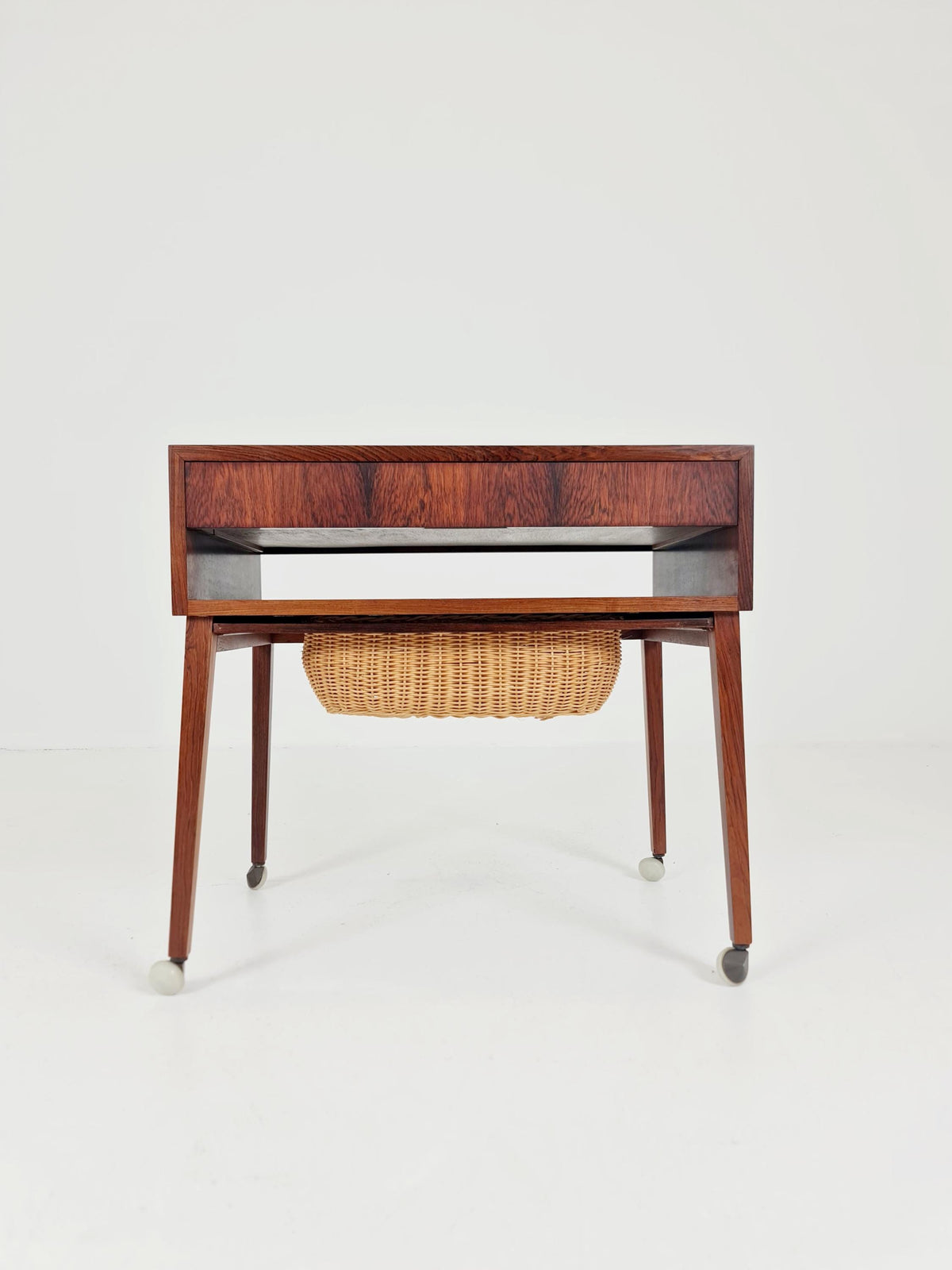 Vintage Danish Rosewood and rattan sewing table/ side table cabinet , 1960s