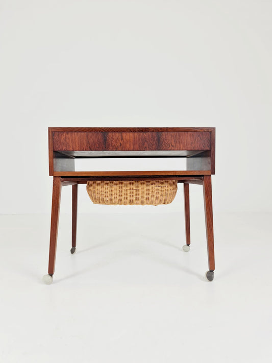 Vintage Danish Rosewood and rattan sewing table/ side table cabinet , 1960s