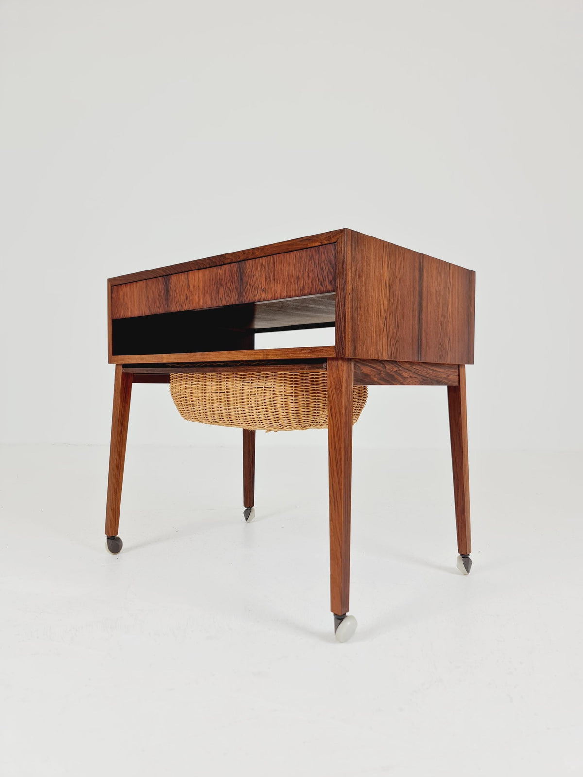 Vintage Danish Rosewood and rattan sewing table/ side table cabinet , 1960s