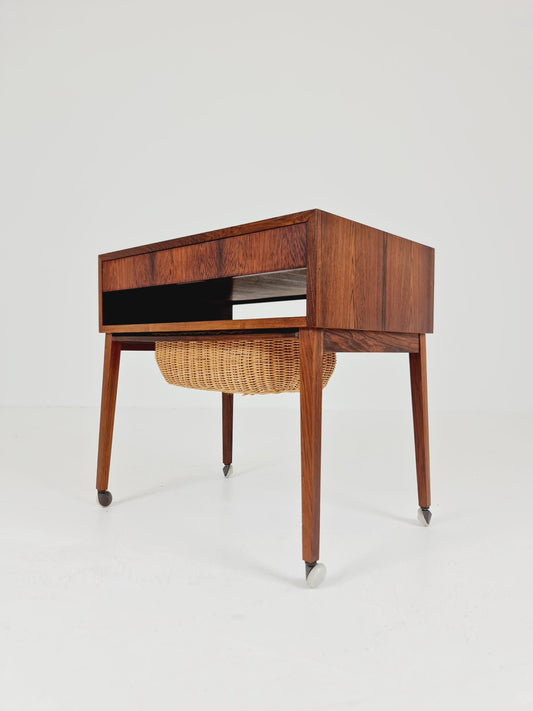 Vintage Danish Rosewood and rattan sewing table/ side table cabinet , 1960s