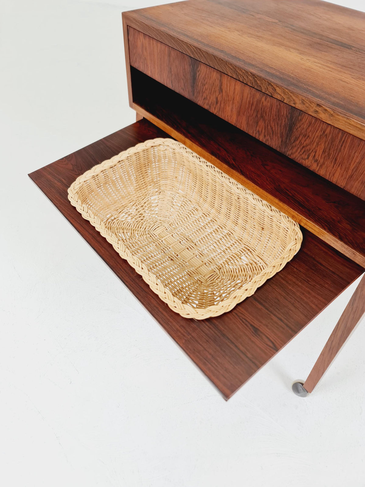 Vintage Danish Rosewood and rattan sewing table/ side table cabinet , 1960s
