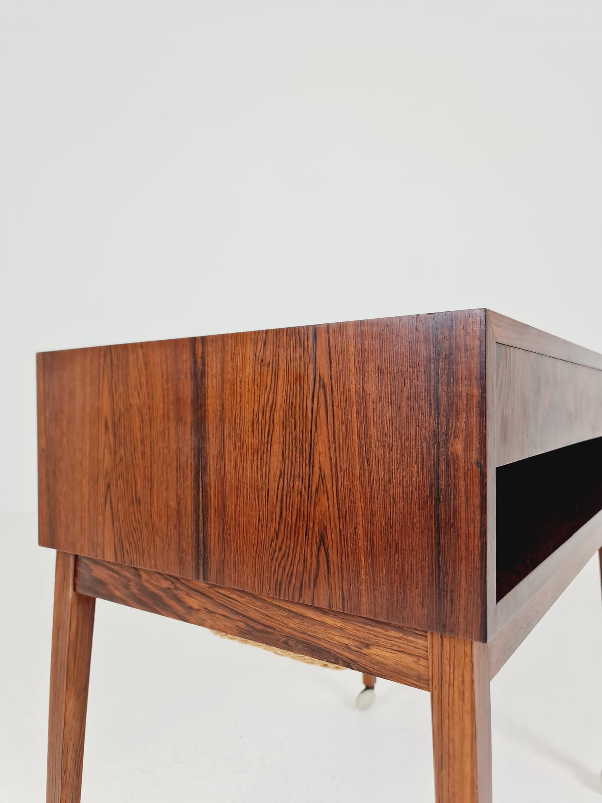 Vintage Danish Rosewood and rattan sewing table/ side table cabinet , 1960s
