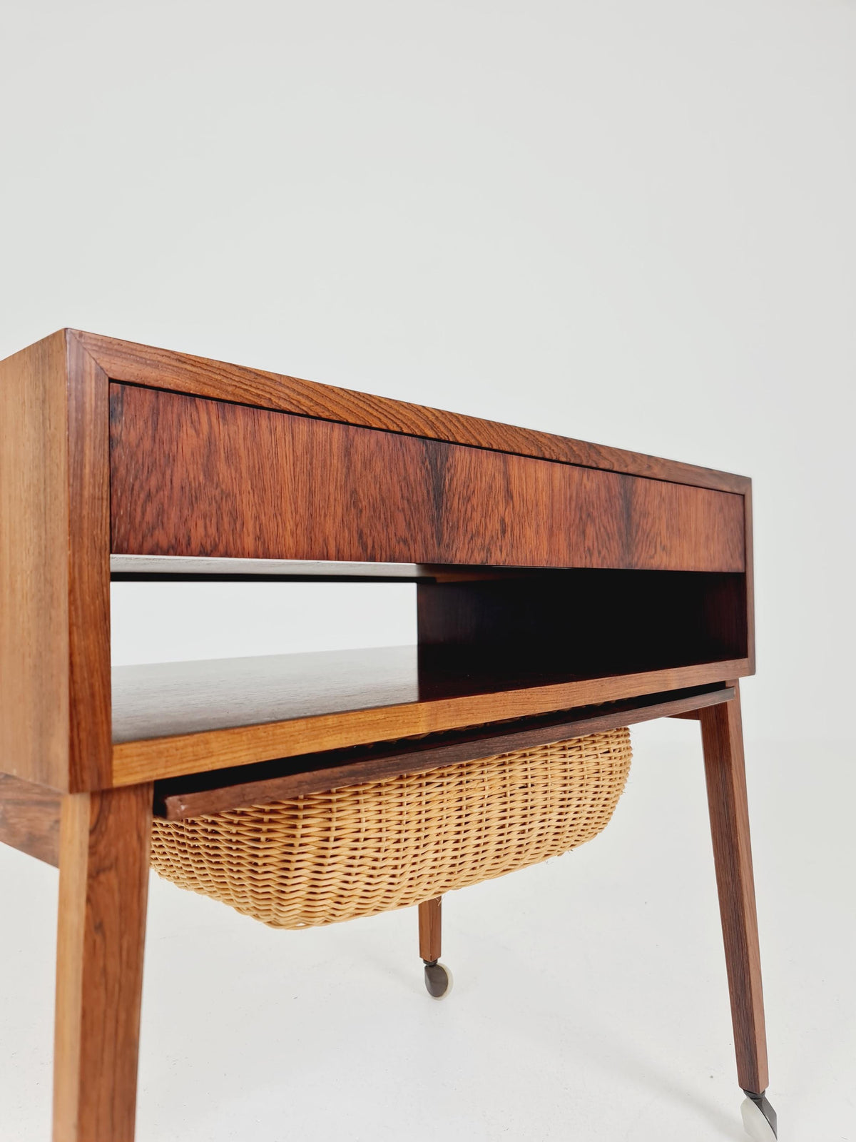 Vintage Danish Rosewood and rattan sewing table/ side table cabinet , 1960s