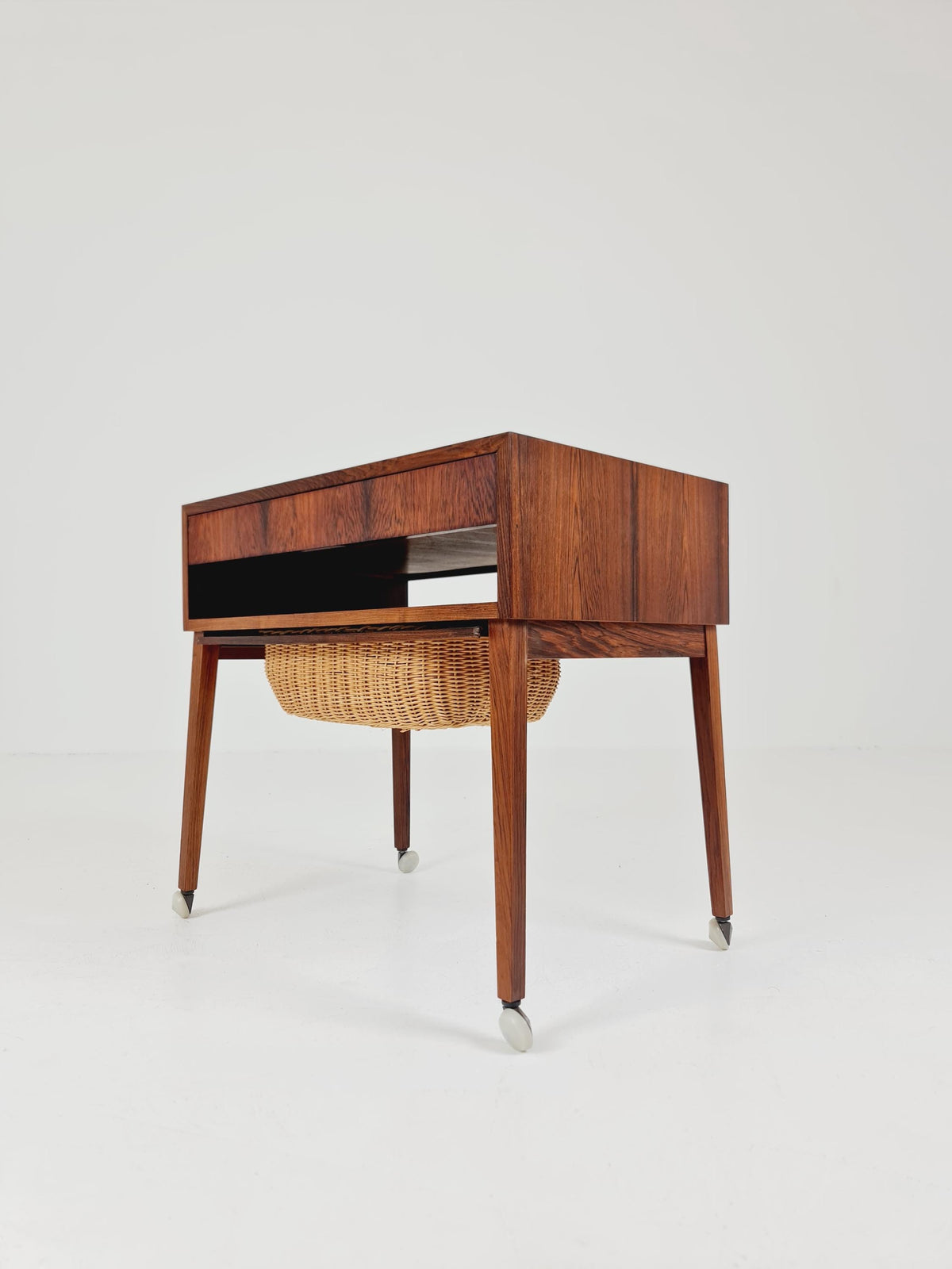 Vintage Danish Rosewood and rattan sewing table/ side table cabinet , 1960s
