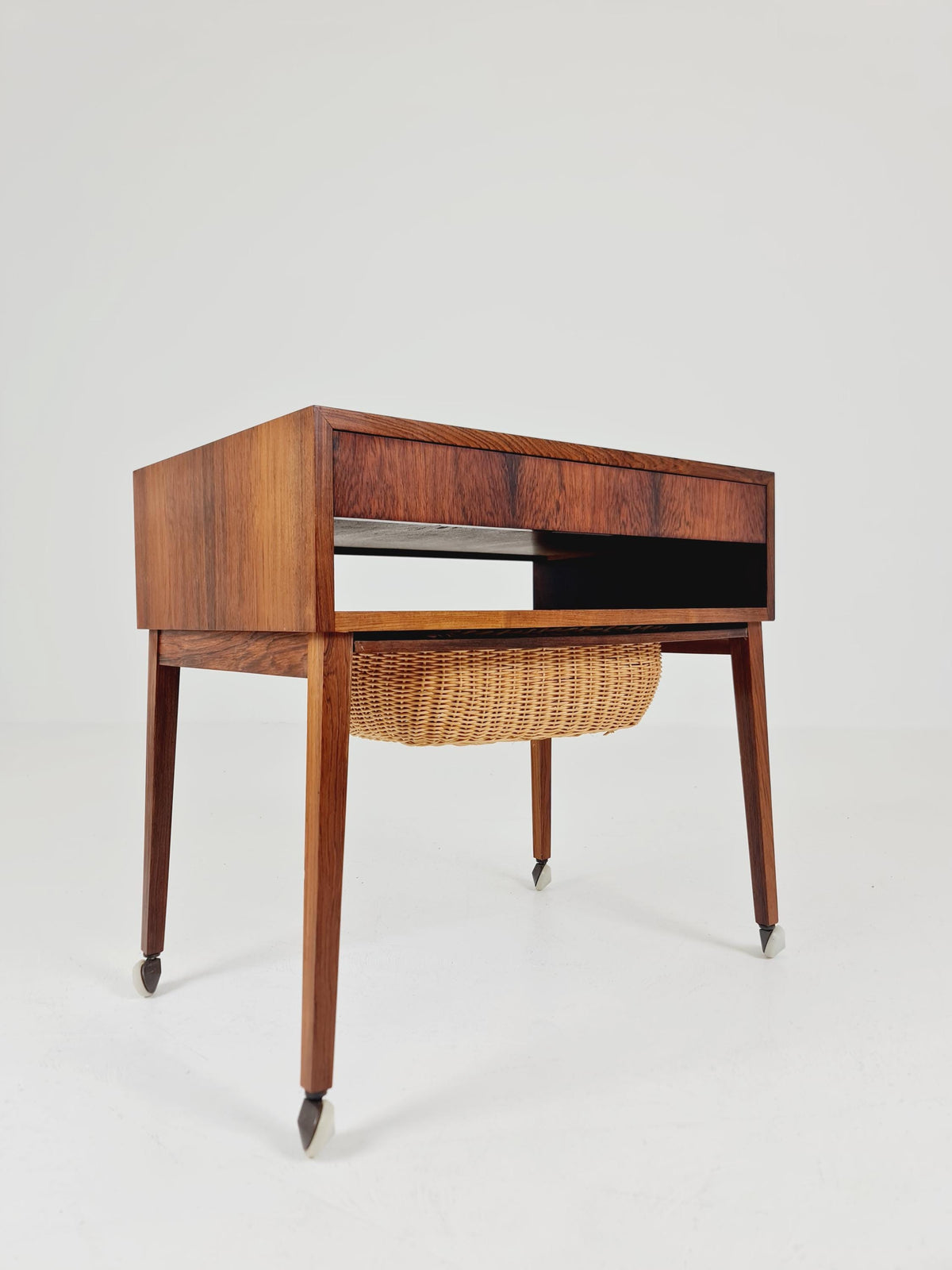 Vintage Danish Rosewood and rattan sewing table/ side table cabinet , 1960s