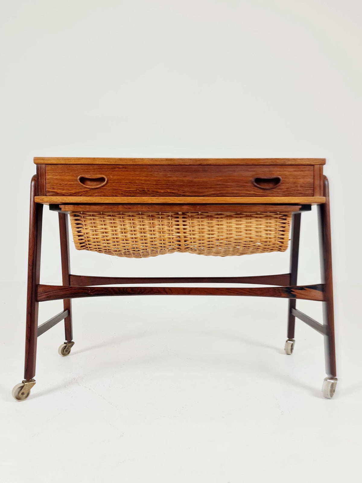 Rare Vintage Danish Rosewood and rattan sewing table/ side table cabinet BY Poul Dinesen , 1960s