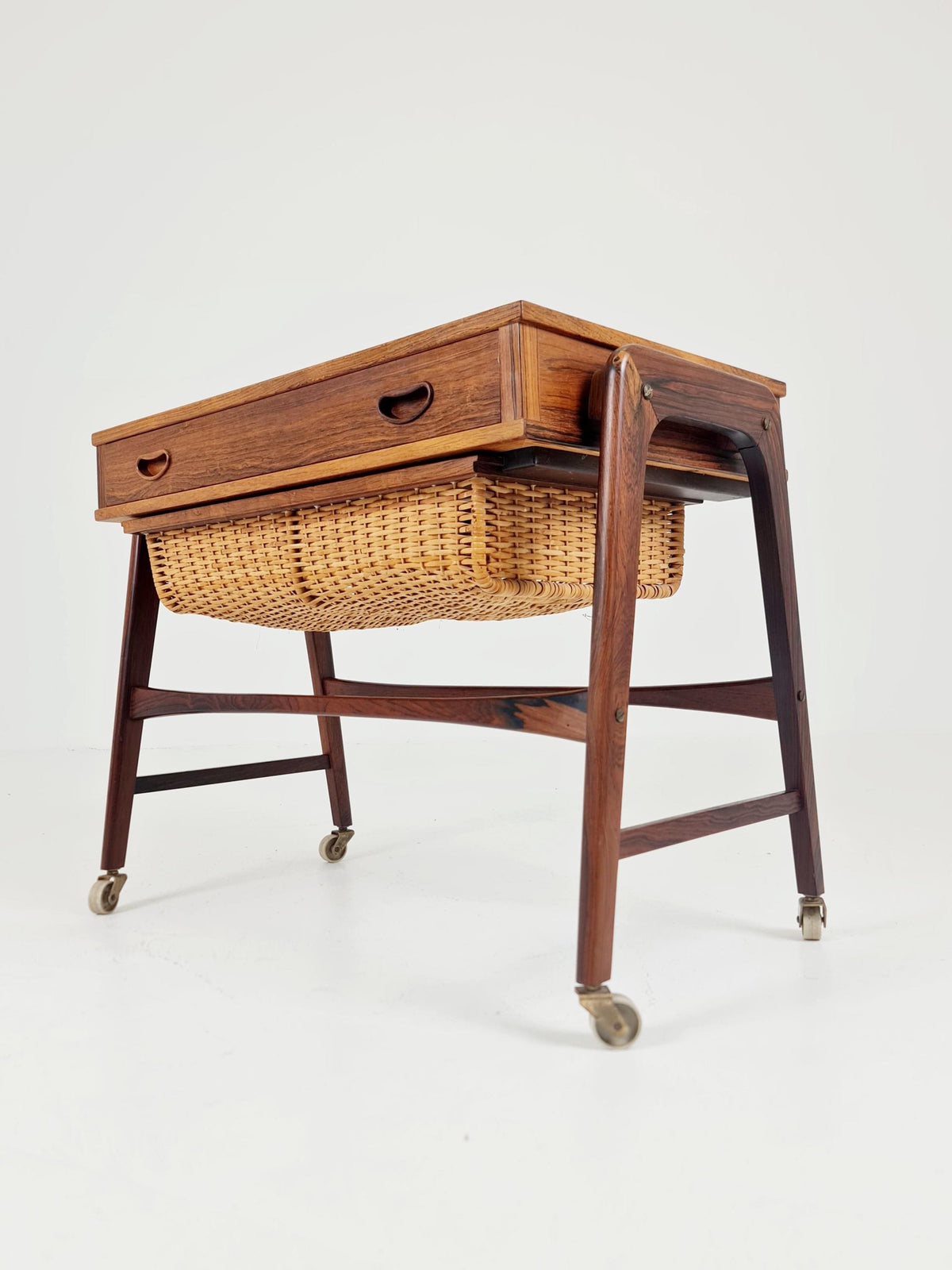 Rare Vintage Danish Rosewood and rattan sewing table/ side table cabinet BY Poul Dinesen , 1960s