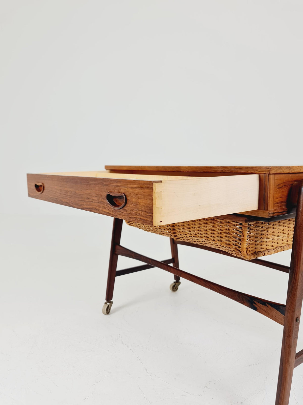 Rare Vintage Danish Rosewood and rattan sewing table/ side table cabinet BY Poul Dinesen , 1960s