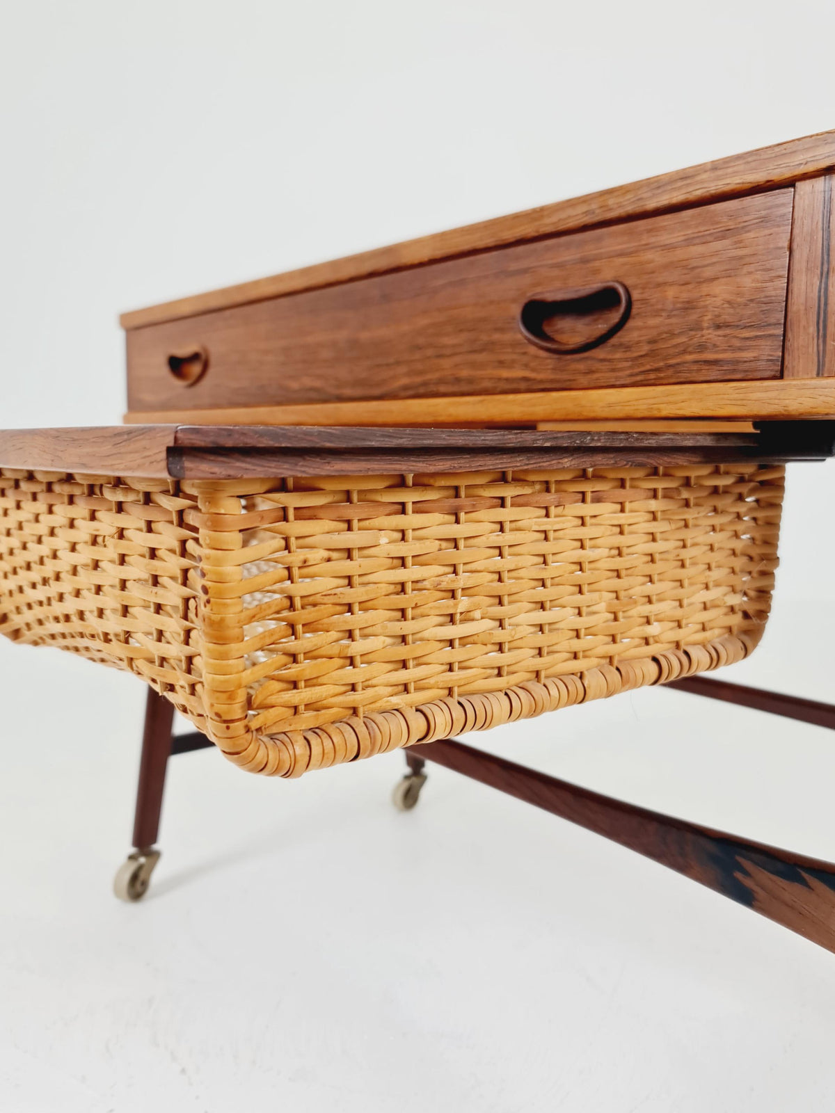 Rare Vintage Danish Rosewood and rattan sewing table/ side table cabinet BY Poul Dinesen , 1960s