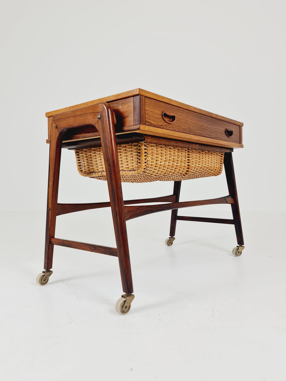 Rare Vintage Danish Rosewood and rattan sewing table/ side table cabinet BY Poul Dinesen , 1960s