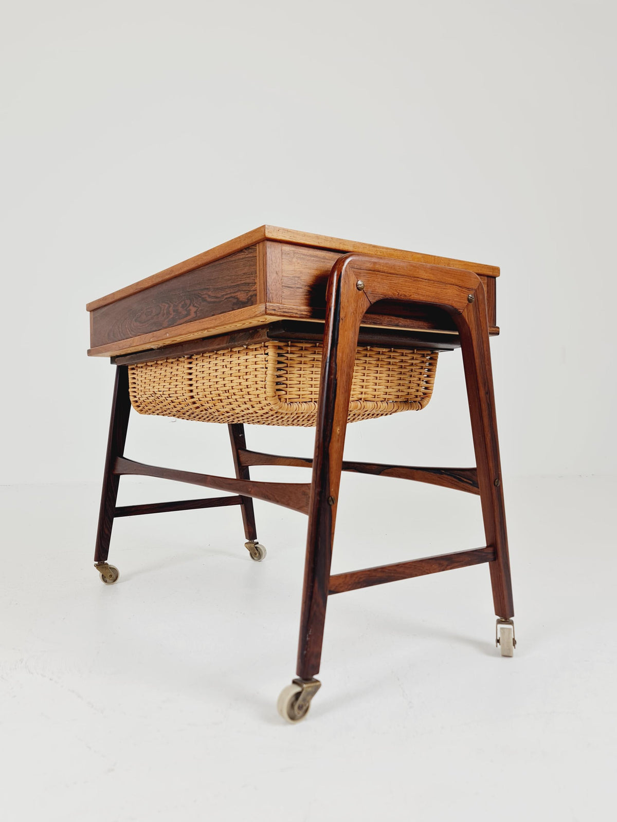 Rare Vintage Danish Rosewood and rattan sewing table/ side table cabinet BY Poul Dinesen , 1960s