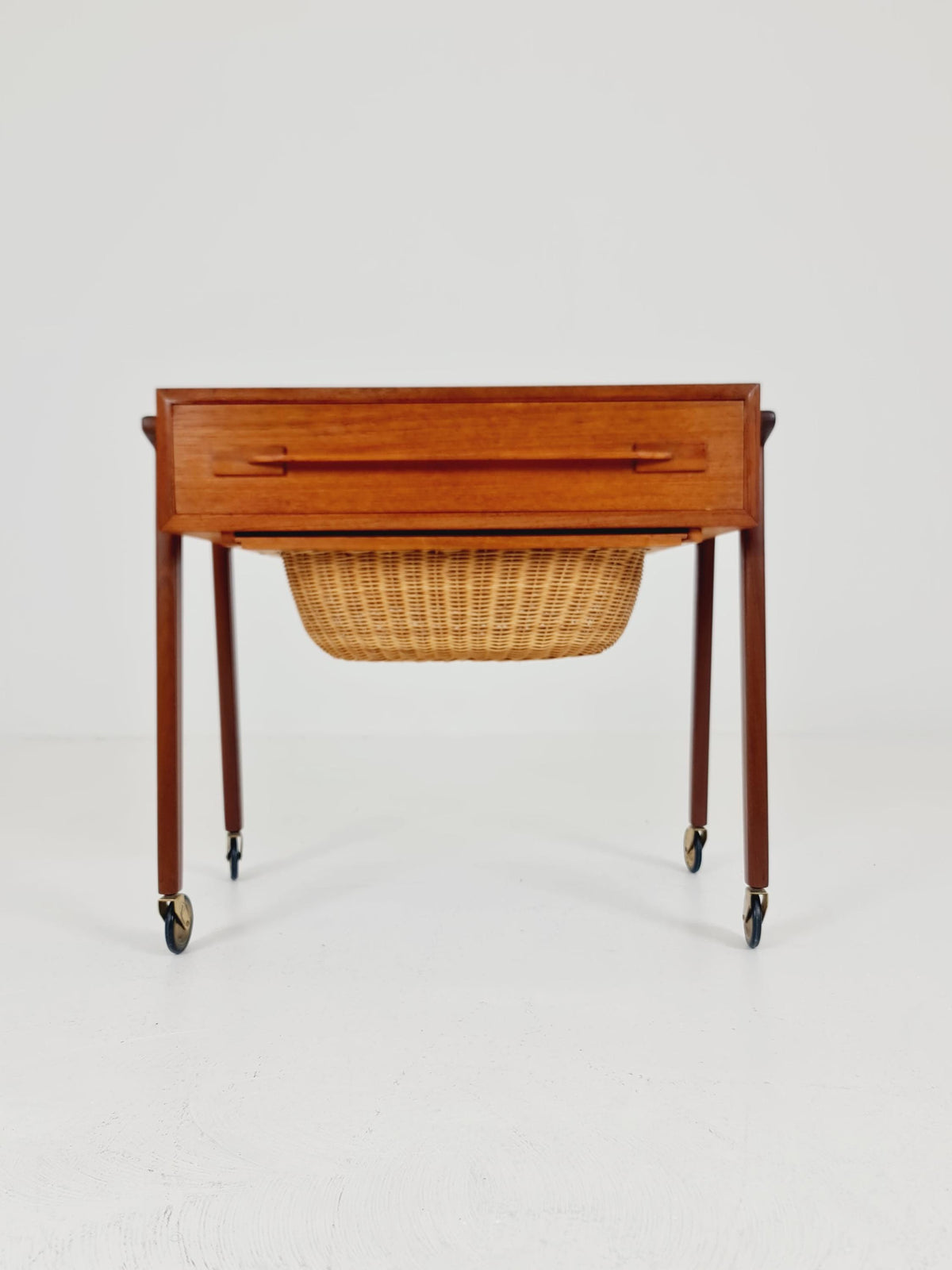 Vintage Danish Teak and rattan sewing table/ side table cabinet , 1960s