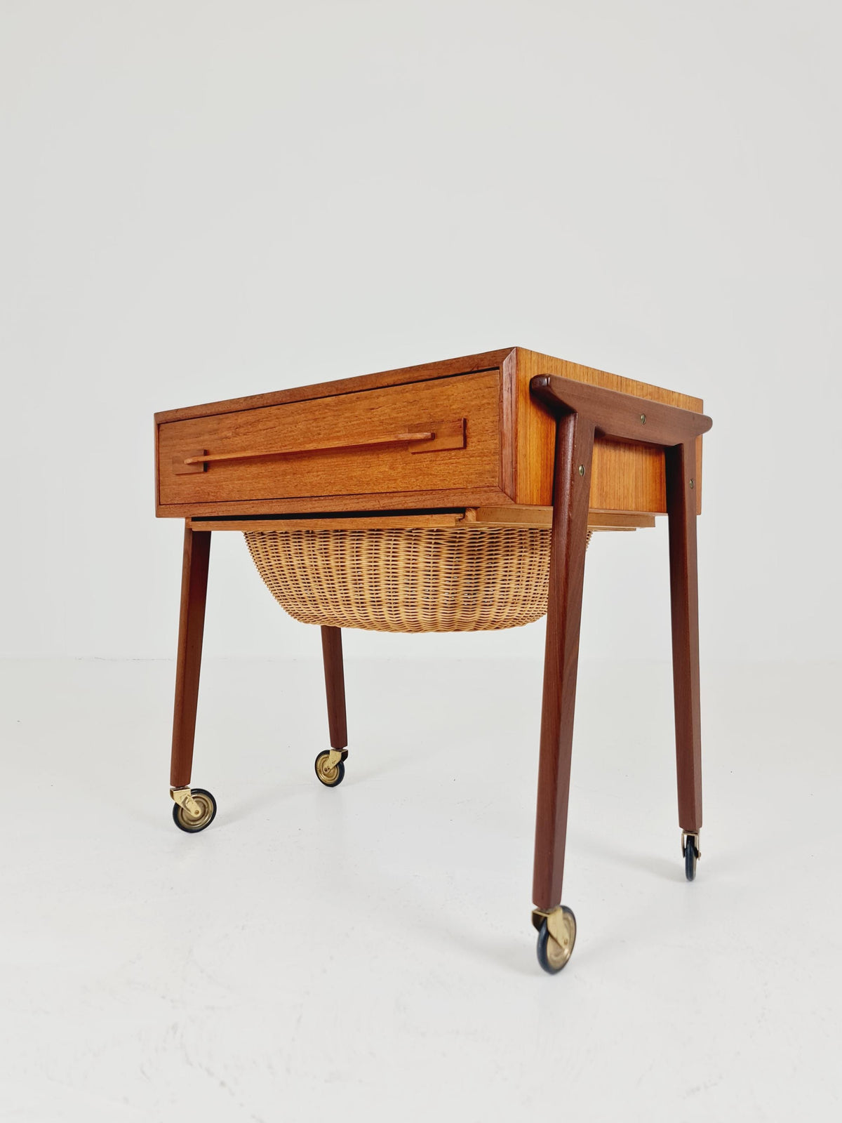 Vintage Danish Teak and rattan sewing table/ side table cabinet , 1960s