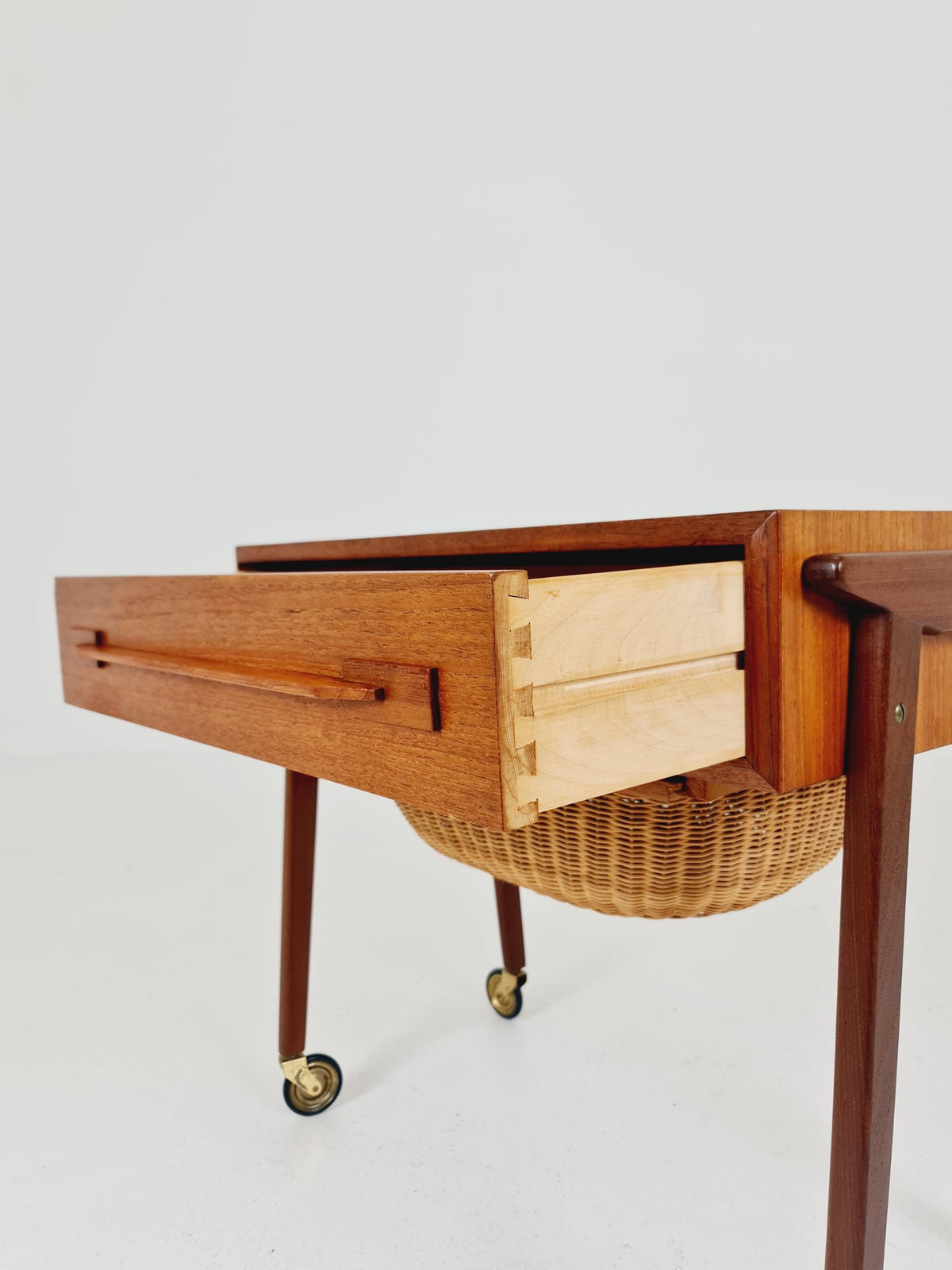 Vintage Danish Teak and rattan sewing table/ side table cabinet , 1960s