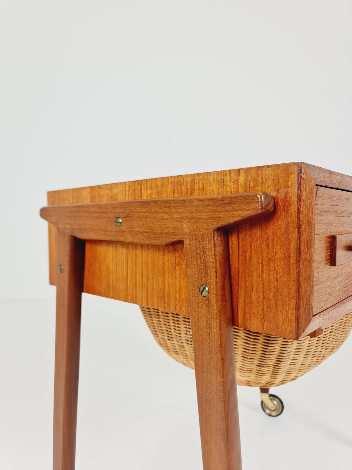 Vintage Danish Teak and rattan sewing table/ side table cabinet , 1960s