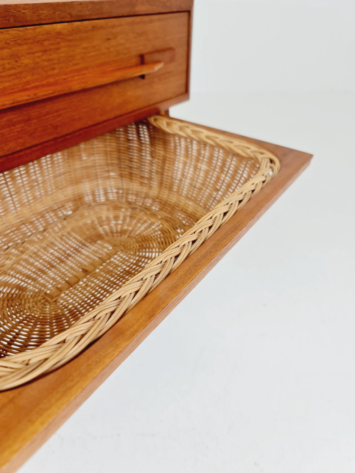 Vintage Danish Teak and rattan sewing table/ side table cabinet , 1960s