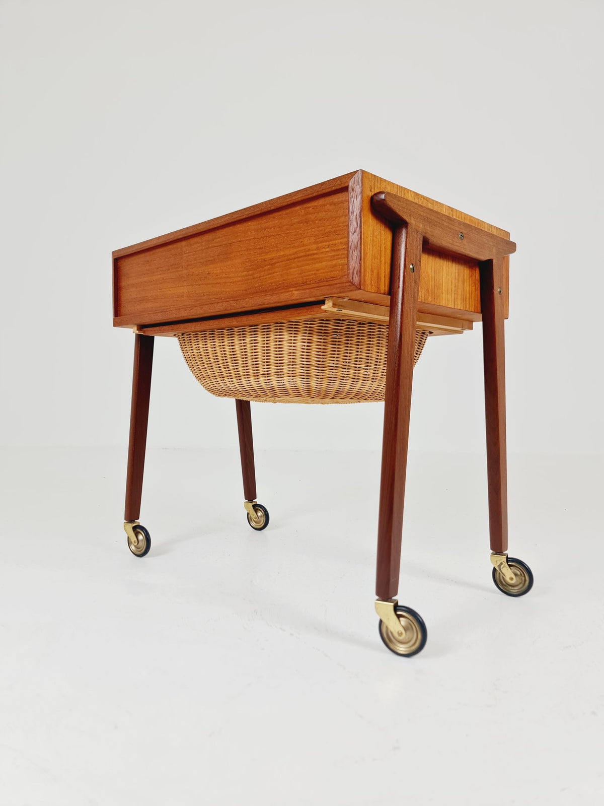 Vintage Danish Teak and rattan sewing table/ side table cabinet , 1960s