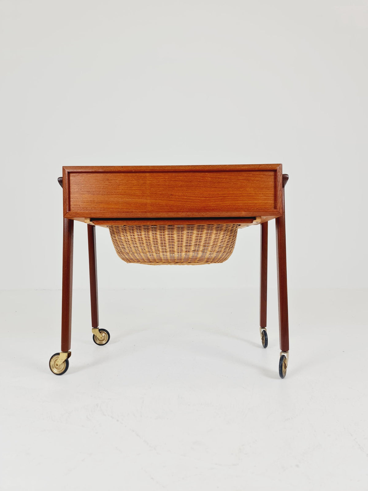 Vintage Danish Teak and rattan sewing table/ side table cabinet , 1960s