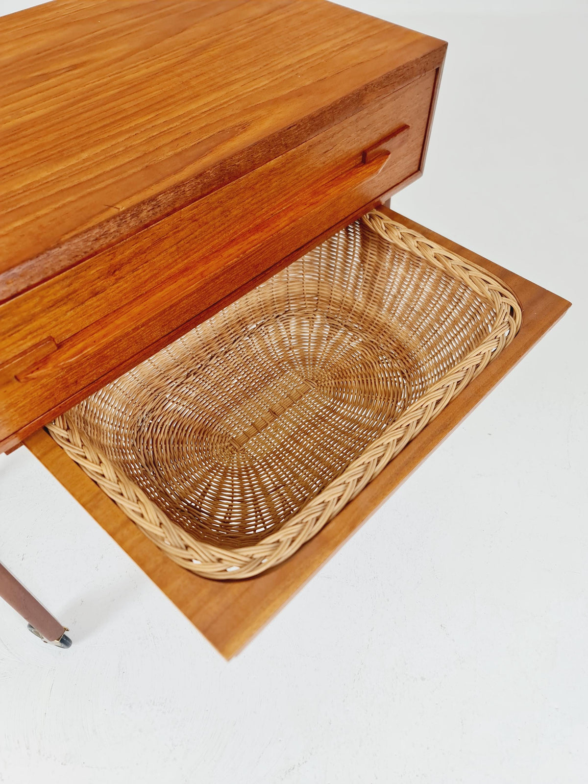 Vintage Danish Teak and rattan sewing table/ side table cabinet , 1960s