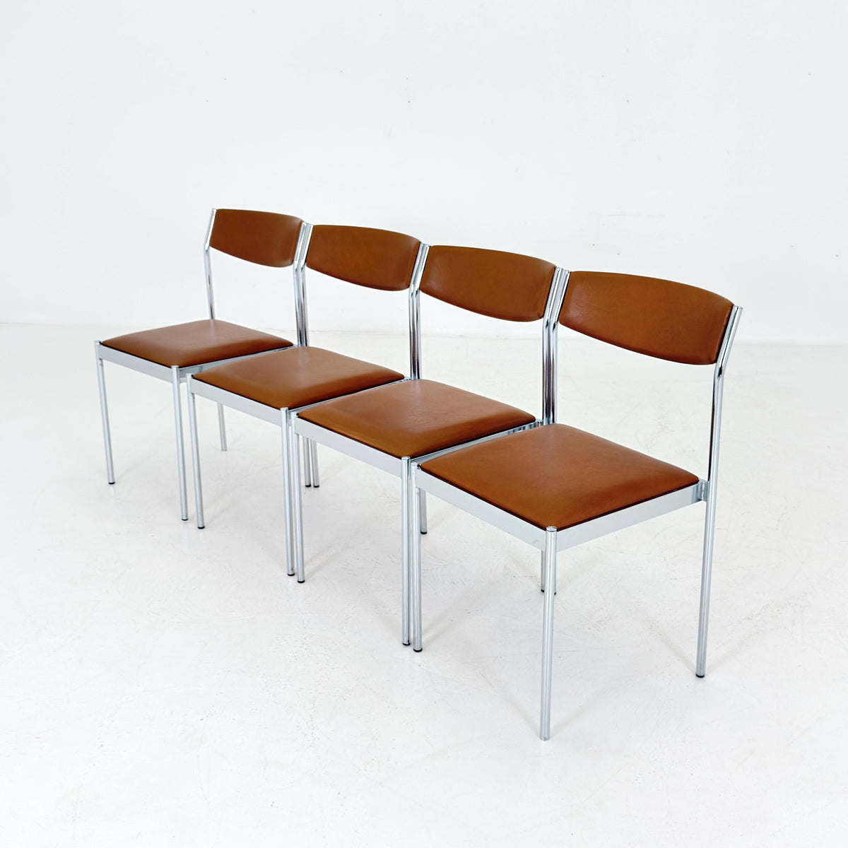 Set of 4 Mid Century Bauhaus Dining Chairs, Cognac Leather & Chrome, German 1980s,