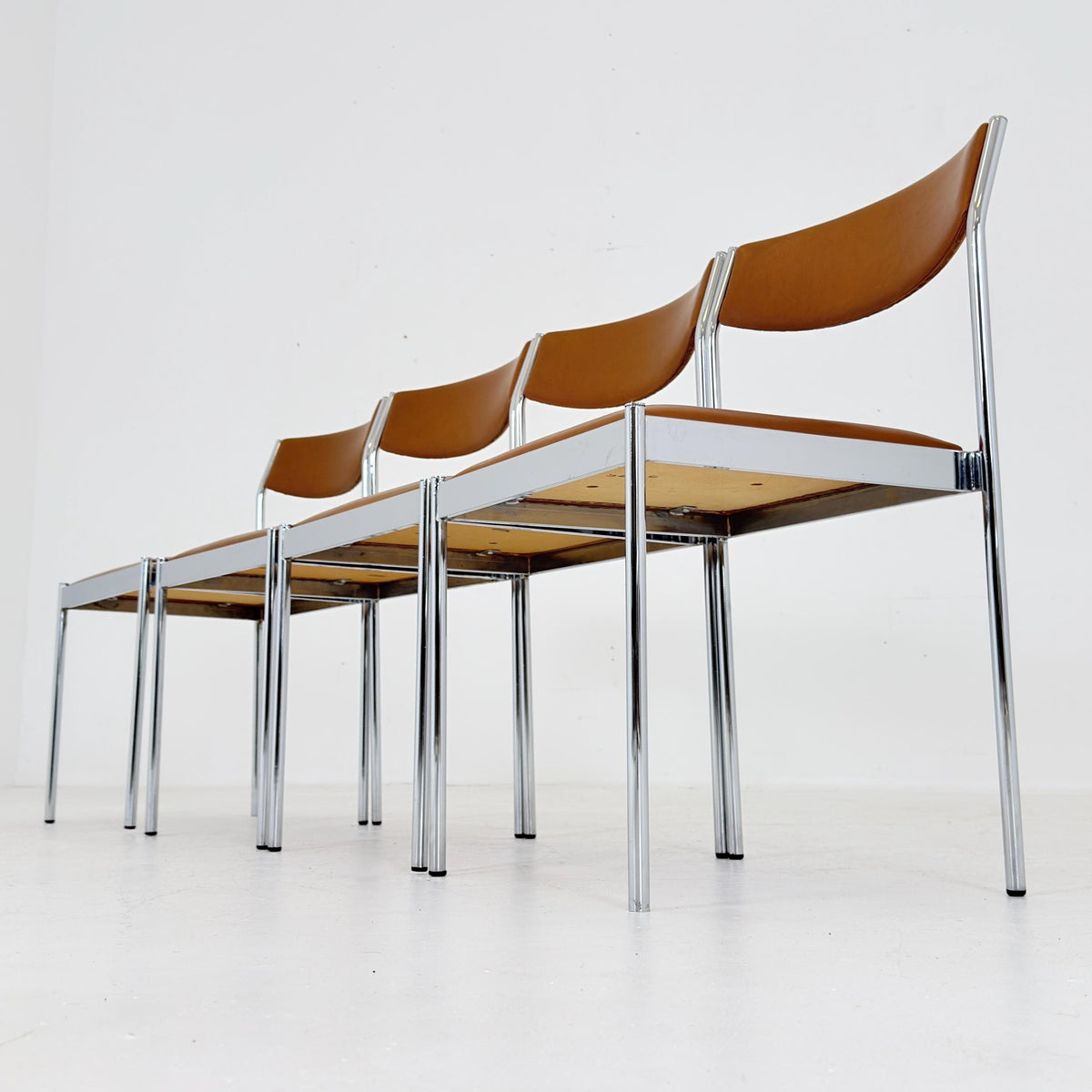 Set of 4 Mid Century Bauhaus Dining Chairs, Cognac Leather & Chrome, German 1980s,
