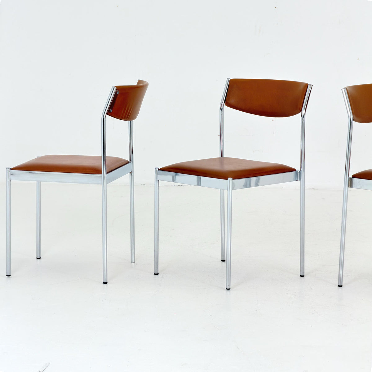 Set of 4 Mid Century Bauhaus Dining Chairs, Cognac Leather & Chrome, German 1980s,