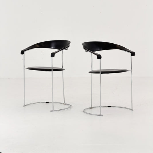 Mid Century Bauhaus Arrben Canasta Armchair | Black Genuine Leather & Chrome | Italian Modernist Chair | 1980s Italy |