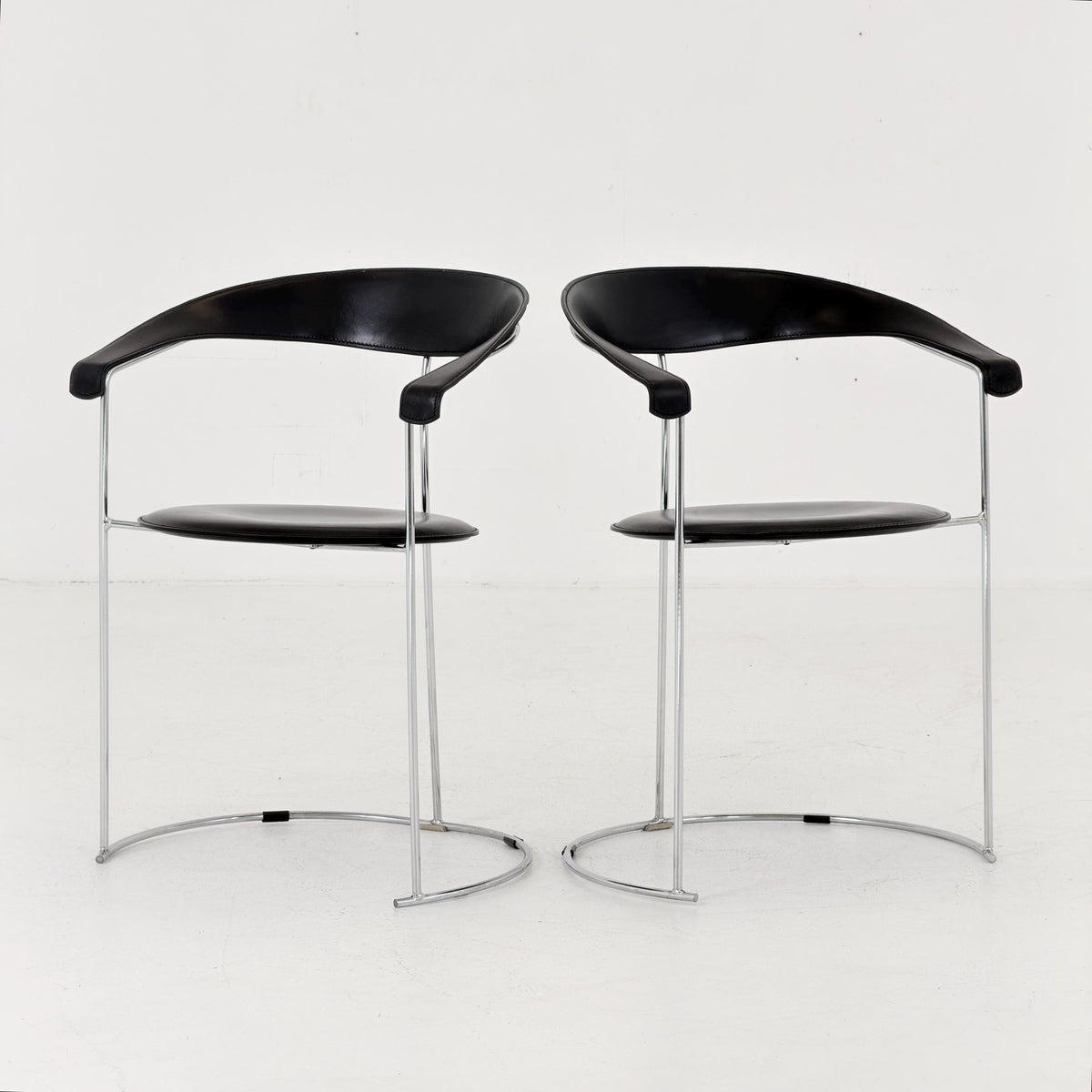 Mid Century Bauhaus Arrben Canasta Armchair | Black Genuine Leather & Chrome | Italian Modernist Chair | 1980s Italy |