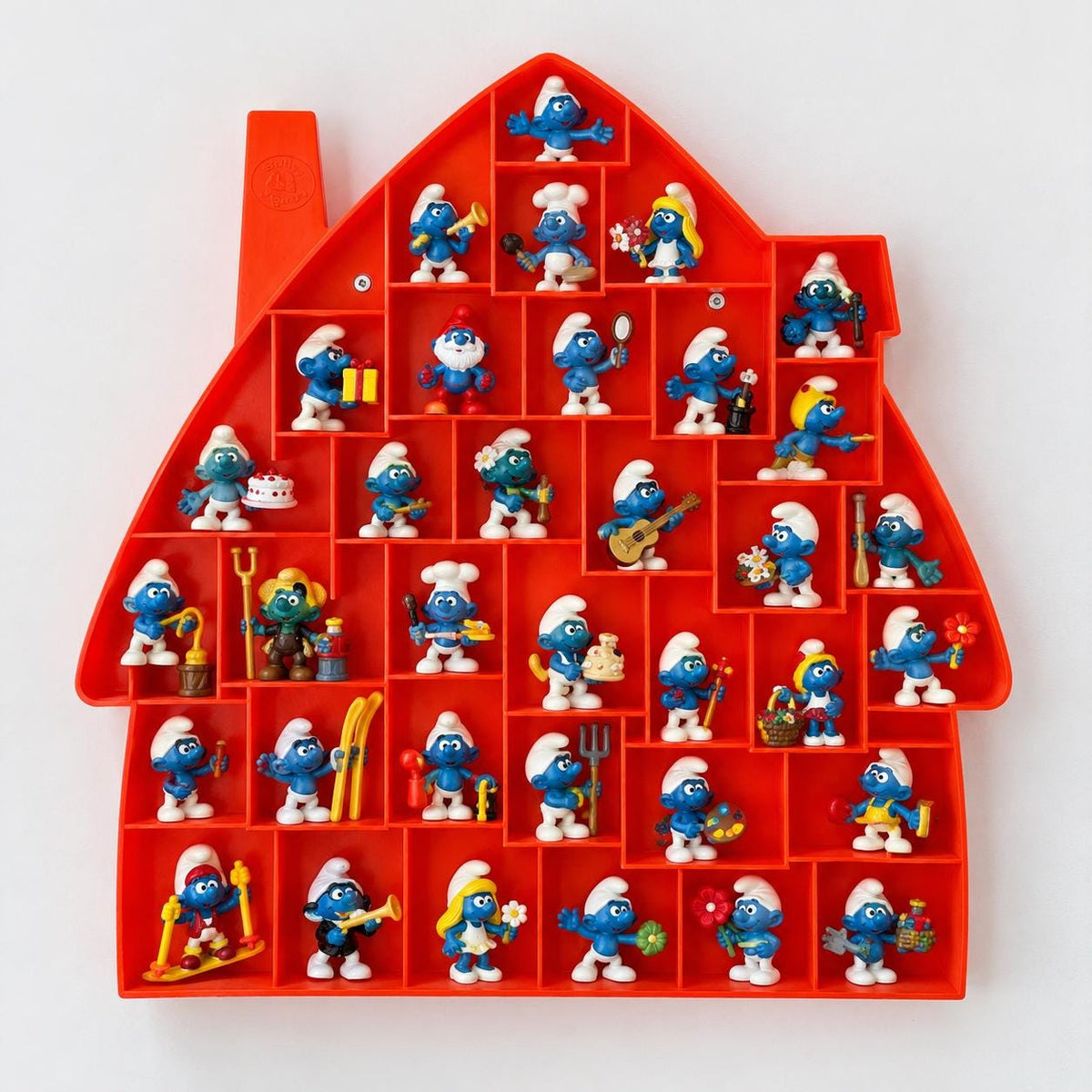 Mid century Spaceage Bullyland Smurf House Display Case, Orange Space Age Wall Tray, PEYO Smurfs, West Germany 1970s