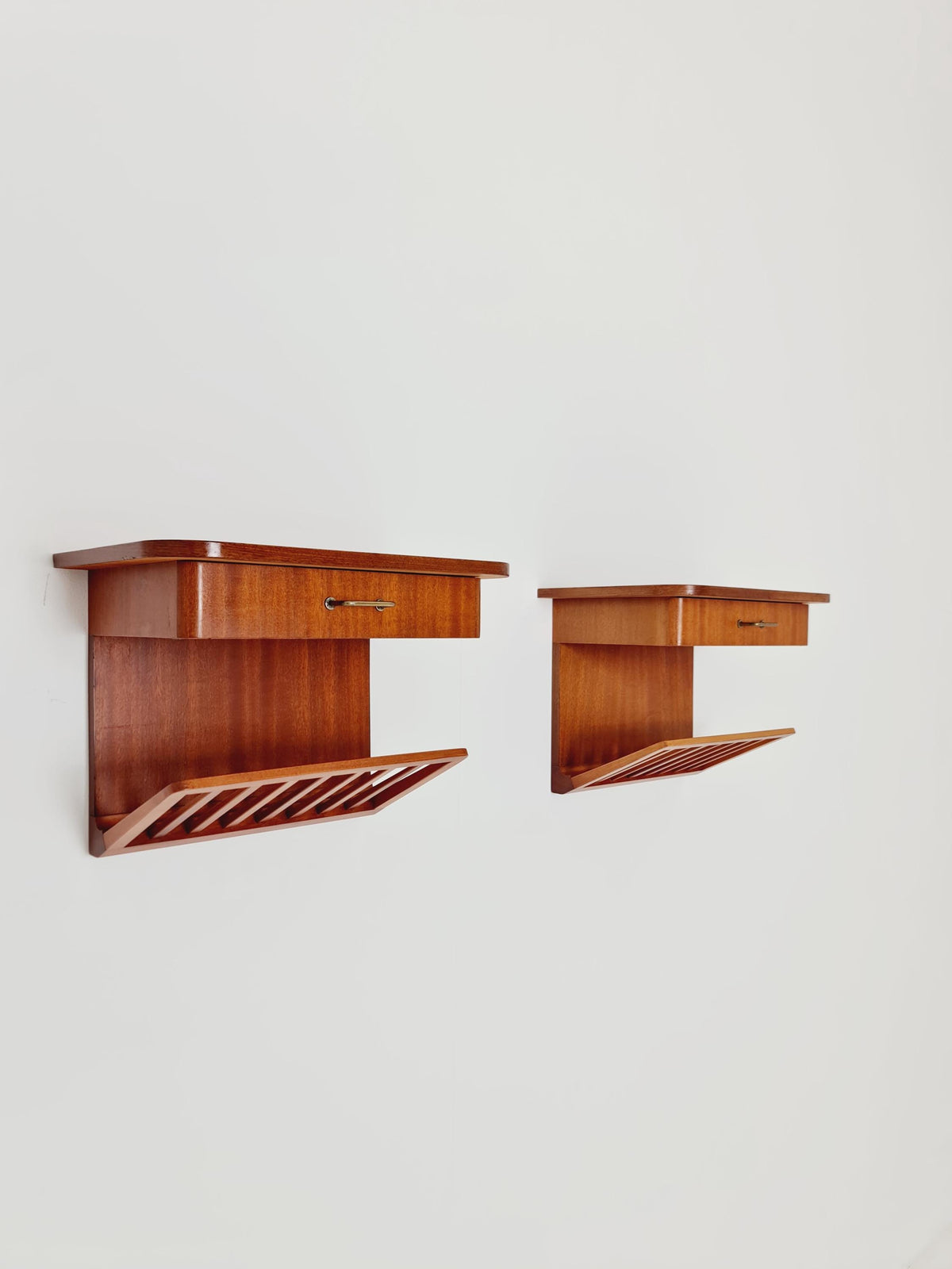 Rare pair of small Danish Mahogany floating nightstands, 1960s