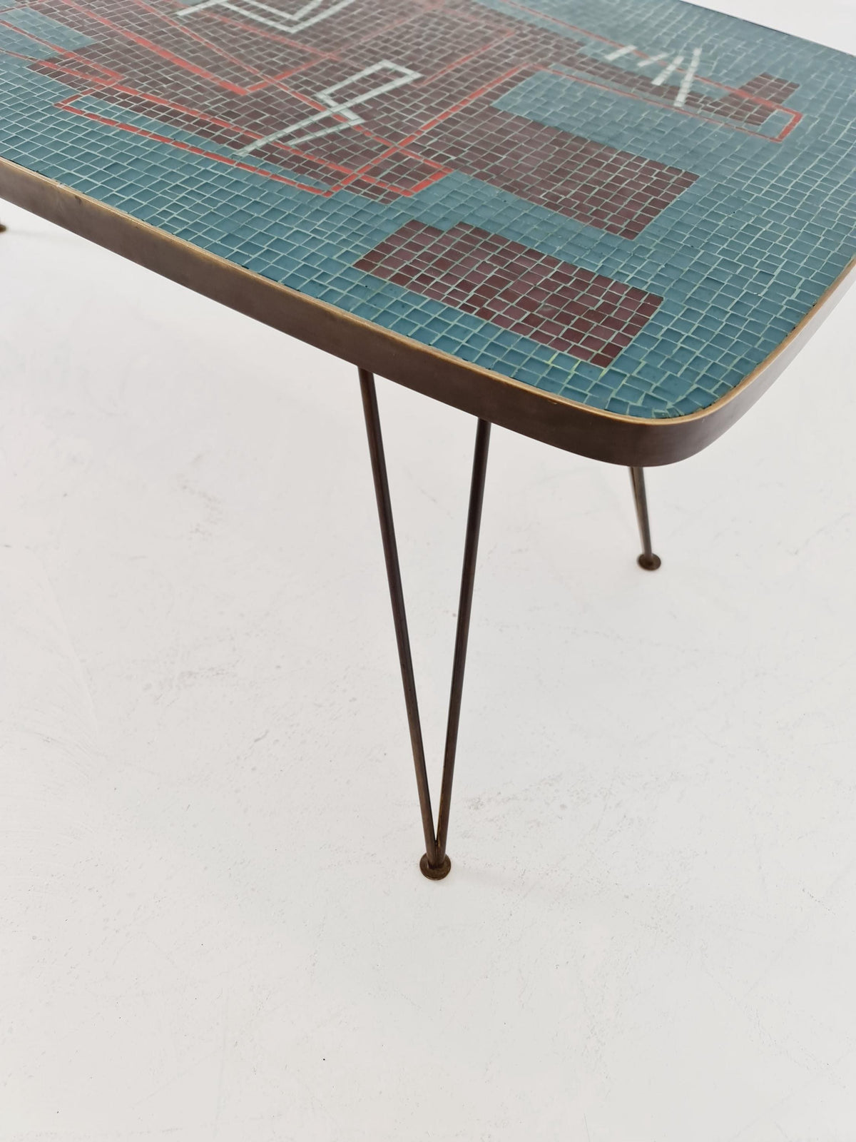 Unique mosaic & solid brass coffee table by Berthold Muller, 1950s