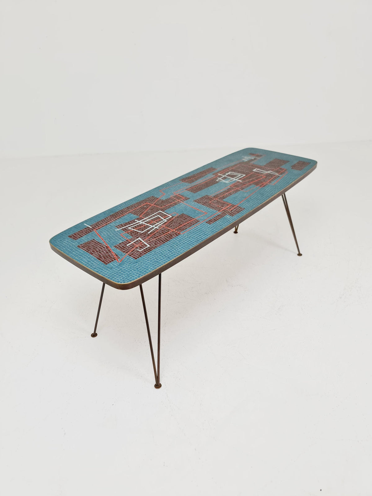 Unique mosaic & solid brass coffee table by Berthold Muller, 1950s