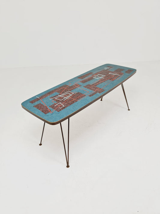 Unique mosaic & solid brass coffee table by Berthold Muller, 1950s