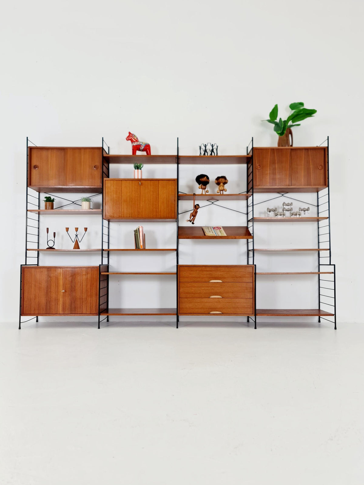 Mid century String shelf-system, bookcase with 3 cabinet and show case walnut wood by WHB Germany, 1950s
