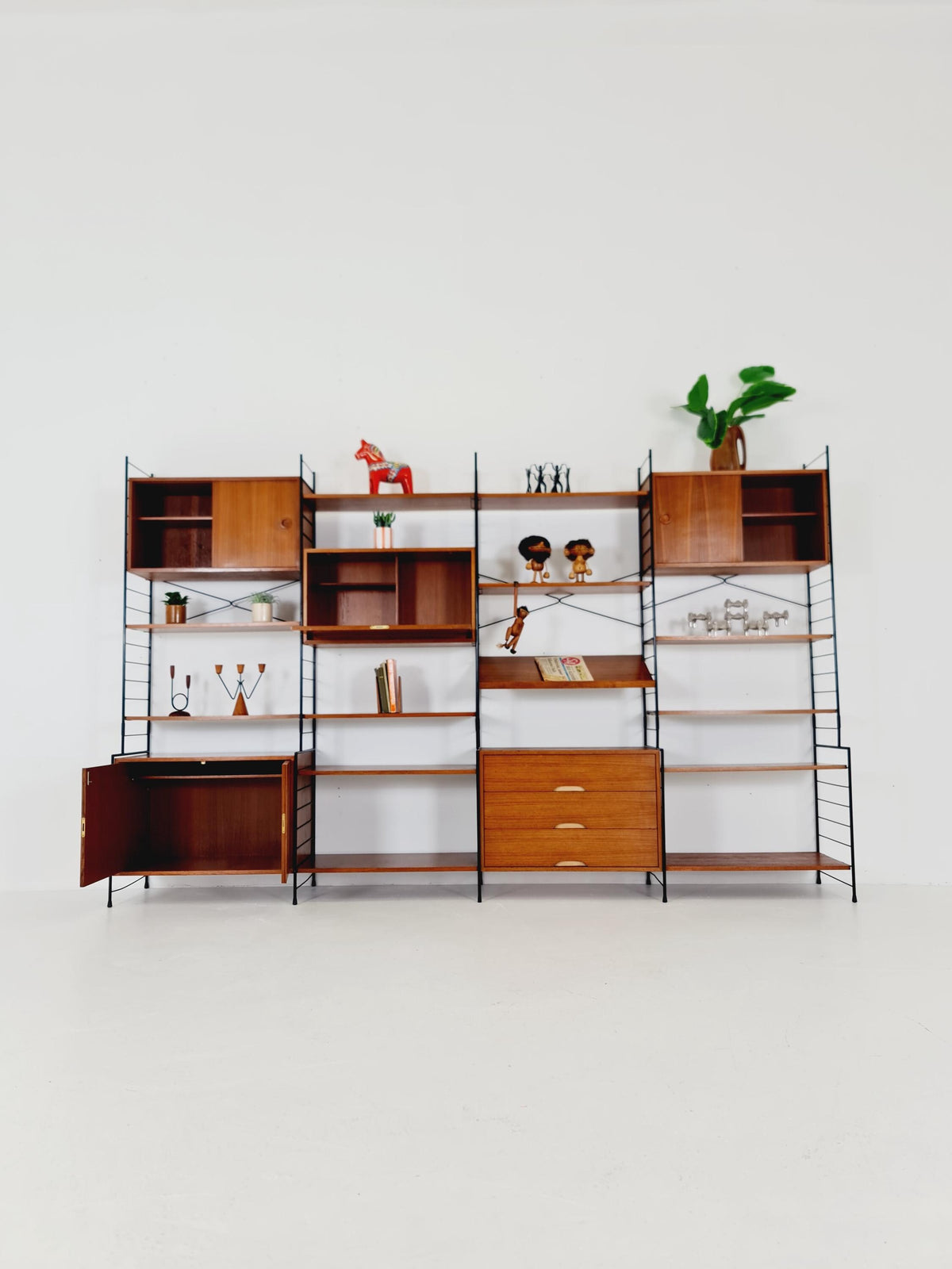 Mid century String shelf-system, bookcase with 3 cabinet and show case walnut wood by WHB Germany, 1950s