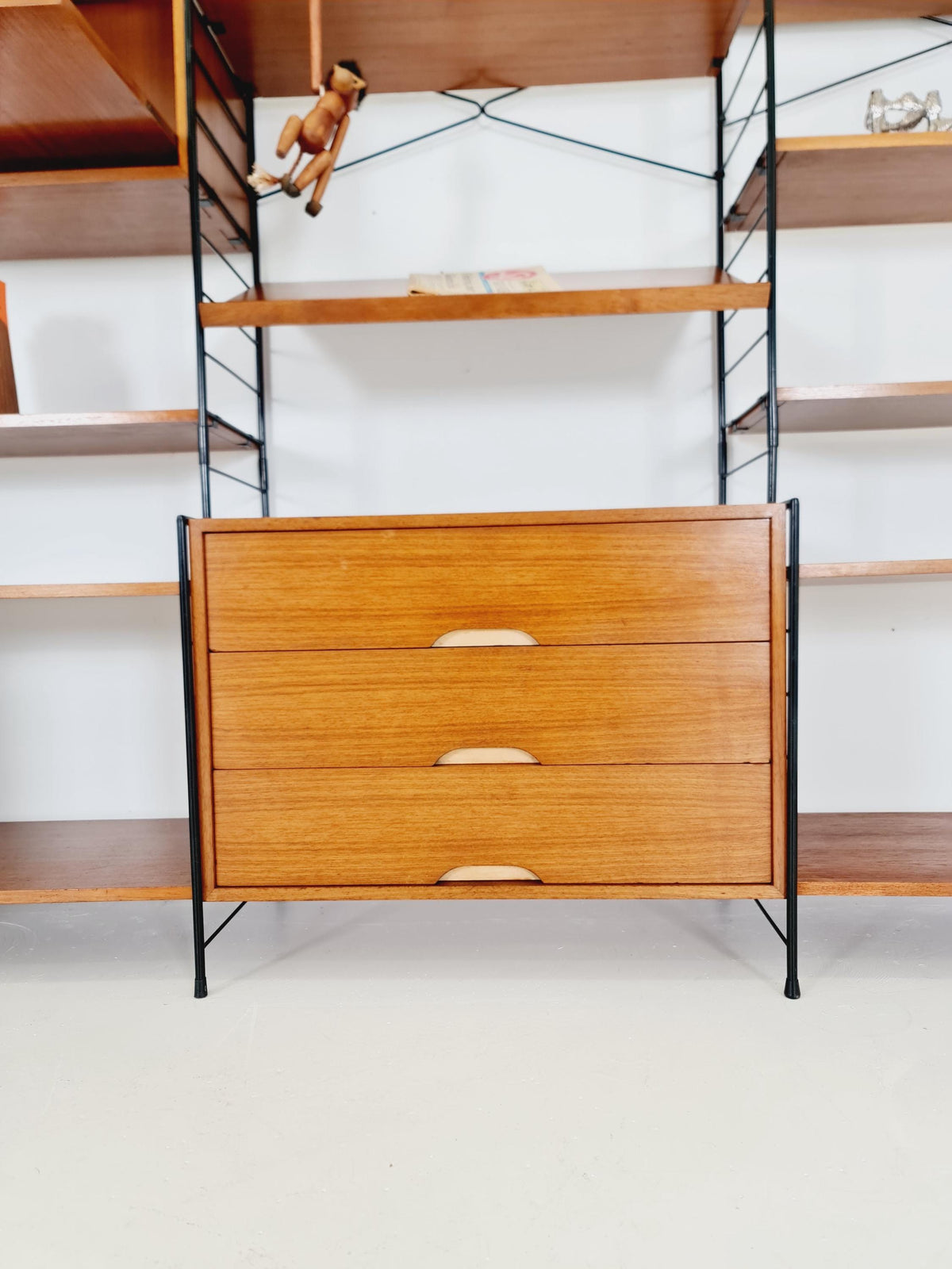 Mid century String shelf-system, bookcase with 3 cabinet and show case walnut wood by WHB Germany, 1950s