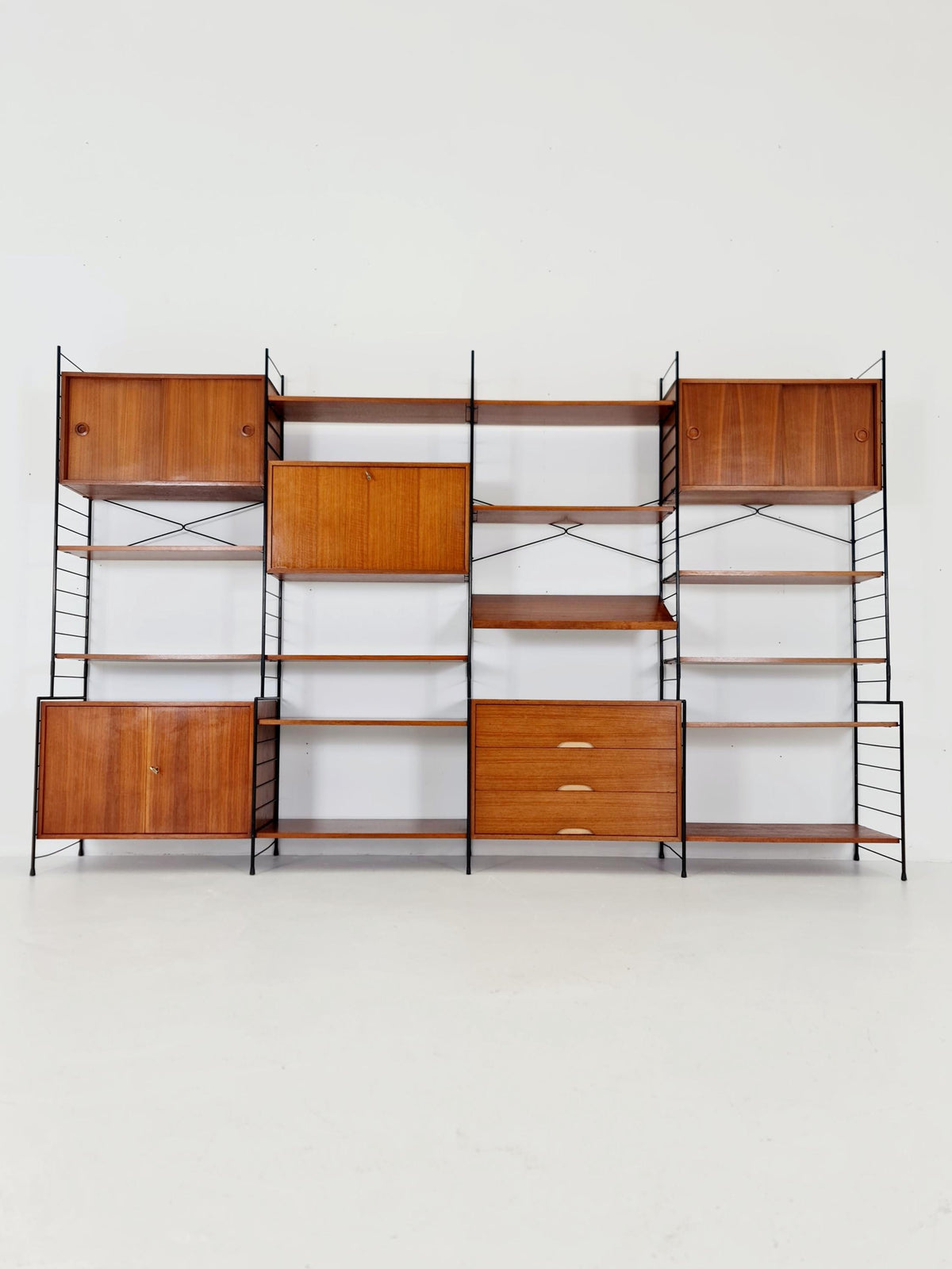 Mid century String shelf-system, bookcase with 3 cabinet and show case walnut wood by WHB Germany, 1950s