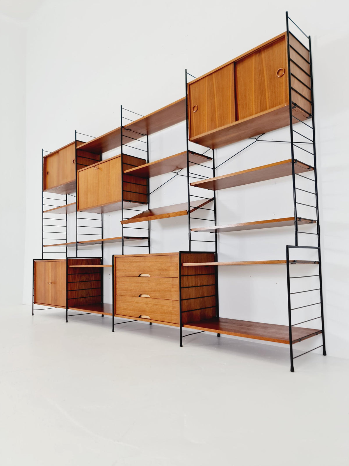Mid century String shelf-system, bookcase with 3 cabinet and show case walnut wood by WHB Germany, 1950s